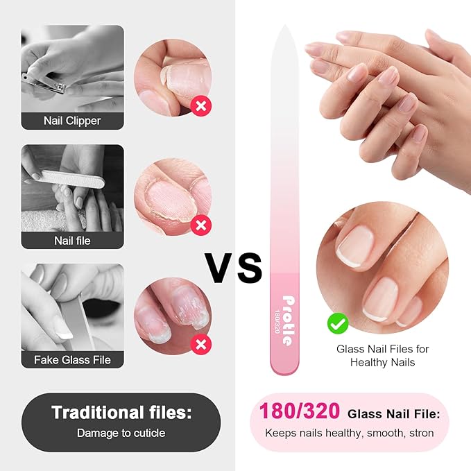 Glass Nail Files for Natural Nails，1Pack Double Sided 180/320 Crystal Nail Filer with Case,Professional Fingernail Files for Women Girls Gifts (Pink)