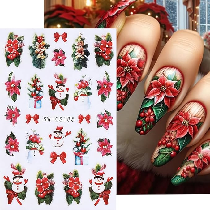 6Pcs Christmas Nail Stickers Red Green Bow Nail Decals DIY Self Adhesive Christmas Tree Poinsettia Group Snowman Cute Design Nail Decoration Supplies Holiday Manicure Accessories for Women Girls