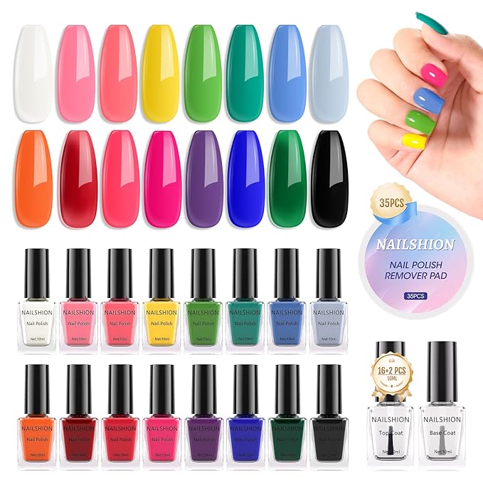 Nail Polish 16 Colors Rainbow Air Dry Regular Nail Polish Set with Base Top Coat & Remover Pads| White Red Classic French Fingernail Polishes Non-gel Bulk Gift for Nail Art Lovers