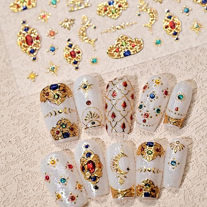 Gold Nail Stickers for Nail Art Self-Adhesive Bohemia Totem Vintage Luxury Nails Design 5D Nail Art Stickers Gold Colorful Diamond Nail Decals for Women Nail Supplies Accessories 1Sheets