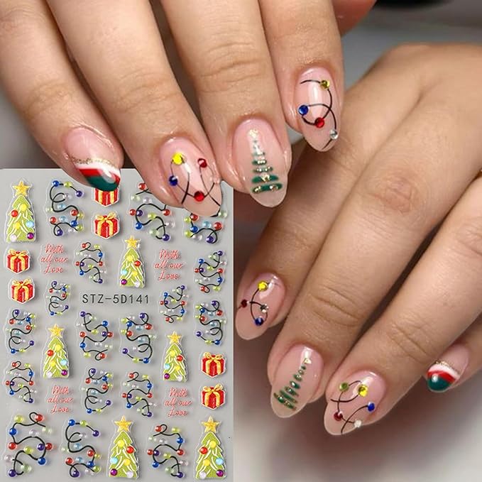 2pcs Christmas Nail Art Stickers 5D Embossed Colorful Christmas Light Strips & Green Christmas Tree Design Nail Adhesive Stickers Xmas Nail Decals Red Gift Sticker for Women DIY Manicure Decor Tips