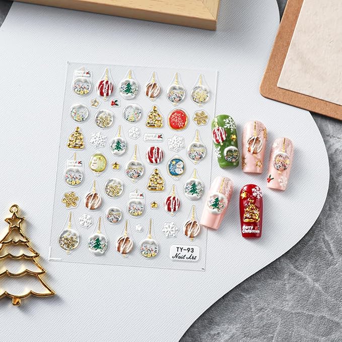 Christmas Snowflake Nail Stickers 5D Embossed Christmas Tree Snowman Nail Art Stickers Self-Adhesive Crystal Ball Nail Design Christmas Nail Decals for Women Girls Snowmen Nail Decoration 1 Sheets