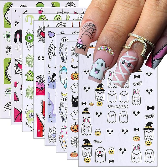 8Pcs Halloween Nail Stickers Cute Rabbit Ghost Nail Decals 3D Self Adhesive Pumpkin Spider Web Design Fall Nail Art Stickers Horror Ghost Nails Supplies French Sticker for Holiday Manicure Decoration
