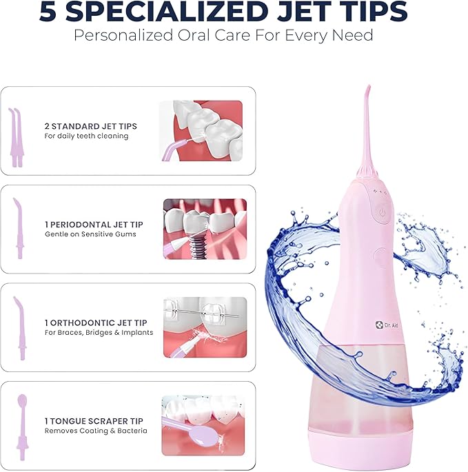 Dr. Aid Dental Water Flosser – Portable Oral Irrigator – 11Oz Tank, Water Filter, 5 Tips, Magnetic Charger – IPX8 Waterproof Cordless Water Flosser, Ideal Water Flossers for Teeth, Gums (Pink)