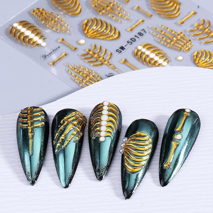 Halloween Nail Stickers Gold Finger Bones Nail Decals 5D Embossed Nail Supplies Rose Gold Bone Skeleton Nail Art Stickers for Acrylic Nails for Women DIY Manicure Decorations 2PCS
