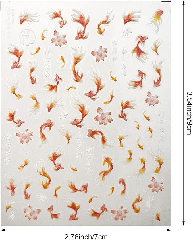 3 Sheets Goldfish Nail Art Stickers, 5D Embossed Cute Fish Nail Decals Self-Adhesive Chinese Style Nail Art Accessories for Women DIY Nail Decorations