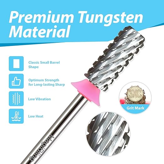 Professional Small Barrel Nail Drill Bits Flat Top, 3/32'' Safety Tungsten Carbide Bits, Two-Way Rotation, Soft and Hard Gel Removal Polishing, Tech and Beginner Bits, Triple Coarse.
