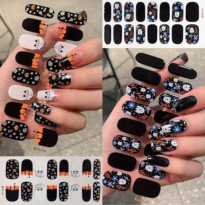 6 Sheets Halloween Nail Art Stickers Cute Cat Ghost Full Nail Wraps Stickers 3D Self-Adhesive Pumpkin Bat Spider Mummy Nails Polish Sticker Shiny Spider Web Gel Nails Strips Decals for Women