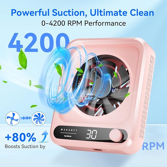 Makartt Nail Dust Collector - Professional Powerful Suction Larina Vacuum Fan Dust Cleaner with LED Display, Adjustable Speed, Reusable Filter for Acrylic Nails Polishing Manicure Salon Home Pink