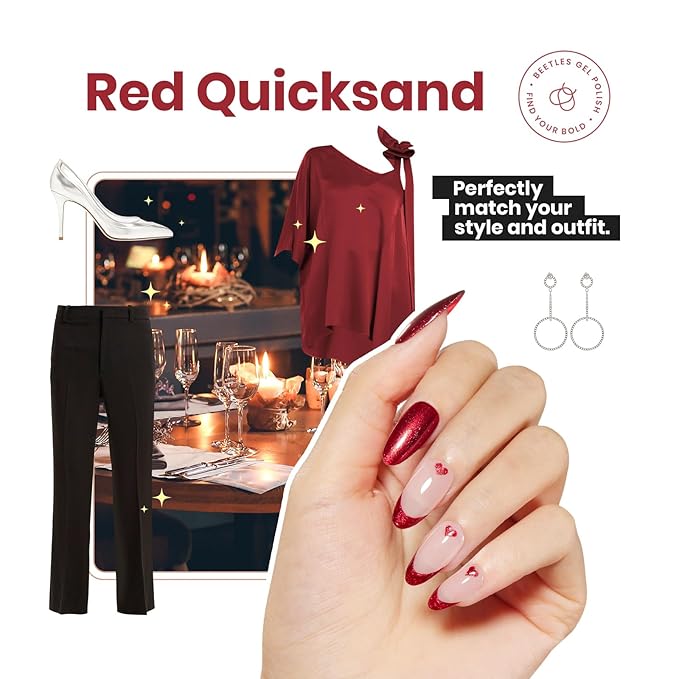 Beetles Nail Polish Red Glitter 1Pcs 15ml Ruby Radiance Fast Drying & Long Lasting Nail Polish Shimmer Red Color Art Effect for Christmas Nail Salon DIY Manicure