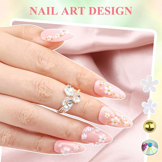 4 Boxes 3D Flower Nail Charms and Gems - White Nail Flower Charms Crystal AB Clear Gemstones Silver/Gold Caviar Beads White/AB Pearls for Women DIY Manicure Crafts (17-S4-White)