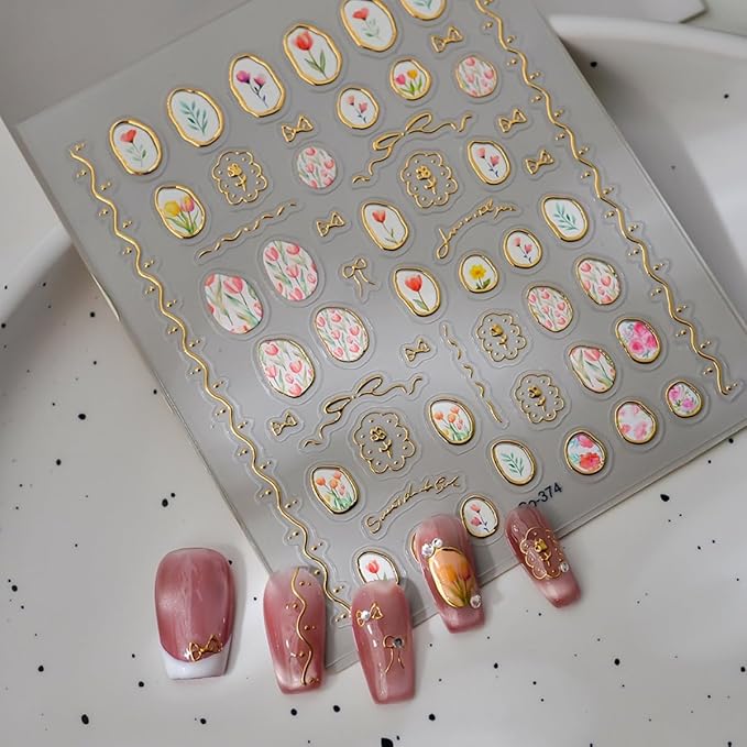5D Embossed Flower Nail Sticker Tulip Irregular Geometric Frames Nail Designs Self Adhesive Nail Decals Gold Hollow Nail Art for Women Girls Manicure Supplies Nails Art Decorations