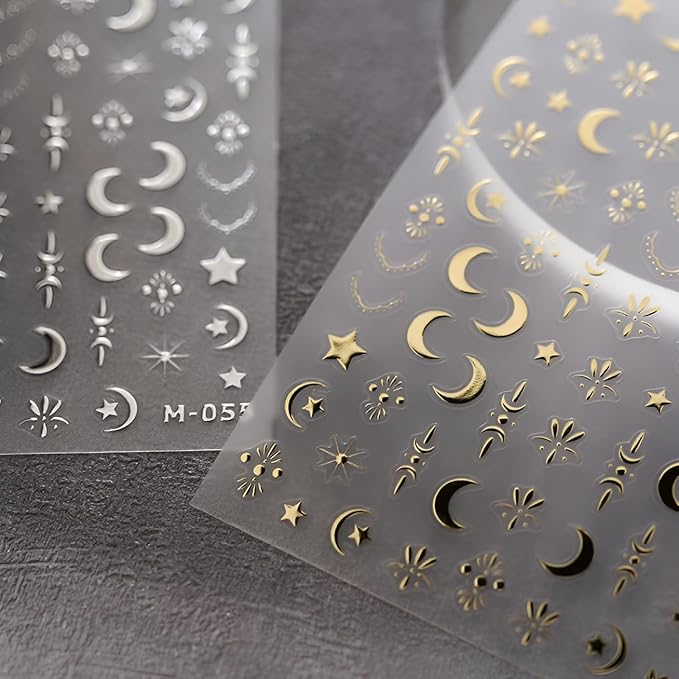Silver Gold Nail Stickers for Nail Art 3D Self Adhesive Moon Star Nail Art Stickers Silver Moon Star Nail Decals Gold Nail Supplies for Women Girls 2Sheets
