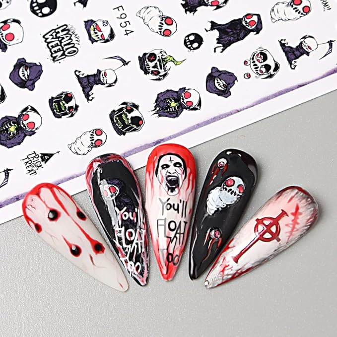 8 Sheets Halloween Nail Art Stickers 3D Punk Goth Nail Decals Evil Skull Rose Snake Nail Designs Sticker Self-Adhesive Halloween Nail Art Supplies Horror Zombie Nail Decorations for Women Manicure
