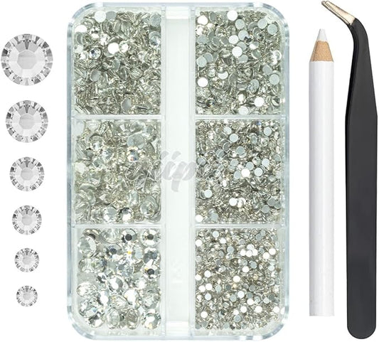 2550pcs Crystal Clear Nail Art Flatback Rhinestones for Face Makeup, White Nail Gems Gemstones K9 Glass SS4SS20 6 Sizes Bling Diamonds Stones w Tweezer & Wax Picking Pen for DIY Crafts