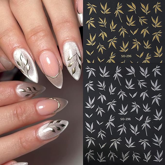 5Sheets 3D Self-Adhesive Gold Silver Bamboo Leaves Nail Art Stickers Chinese Style Designs Nail Decals Blue Green Bamboo Leaf Nail Stickers Orange Leaves Nail Decal for Women Nail Decoration Supplies