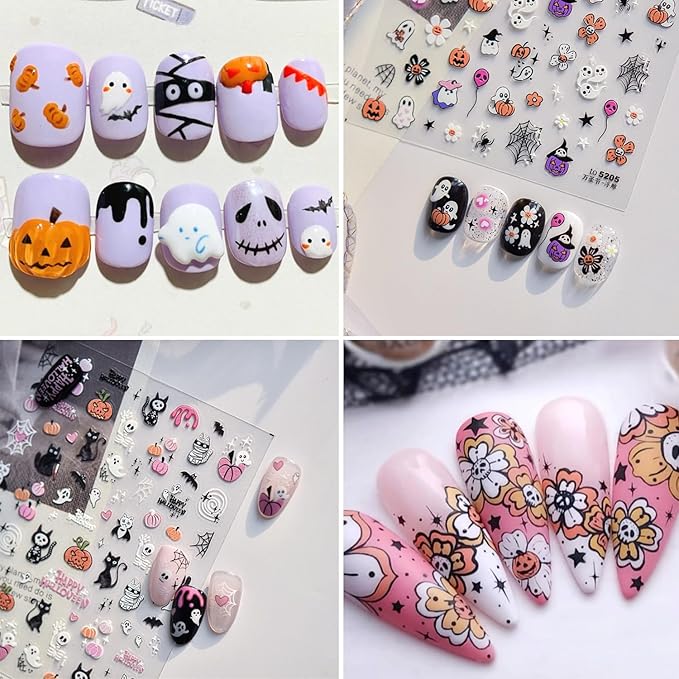 2Sheets Halloween Nail Art Stickers 5D Embossed Black Cat Skull Nail Decals Self-Adhesive Ghost Pumpkin Nail Stickers for Acrylic Nails Spider Web and Spider Nail Decal for Women Nails Decor Supplies