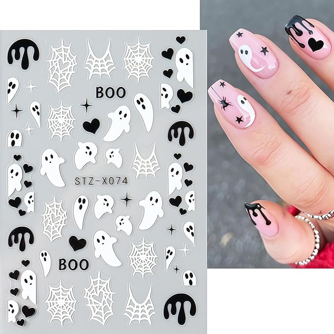 6 Sheets Halloween Nail Stickers, Spider Nail Art Stickers 3D Self-Adhesive White Black Spider Web Blood Heart Star Spiders Ghost Nail Decals Holiday Sticker for Halloween Party DIY Nails Decoration