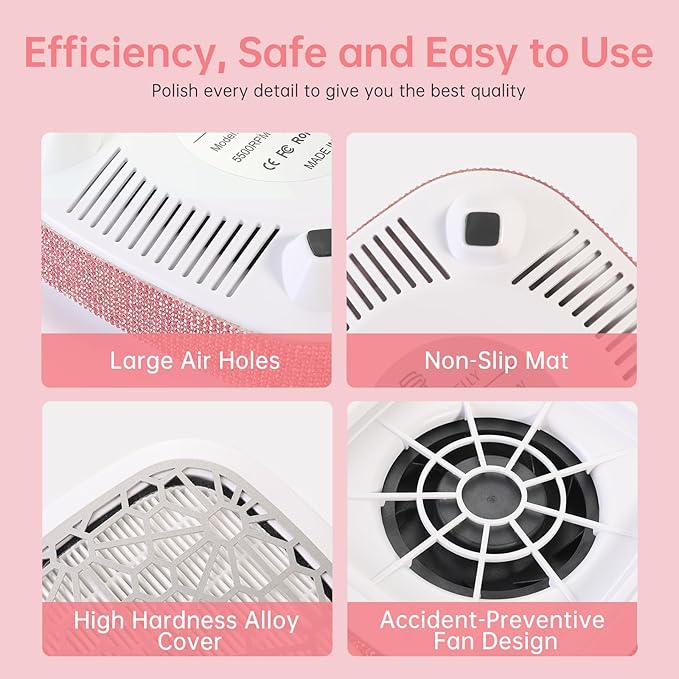Nail Dust Collector, Cordless Dust Collector Nail Tech, Compact Powerful 6000RPM Nail Vacuum Fan Rechargeable Dust Extractor for Acrylic Gel Polish Manicure Pedicure for Home, Pink