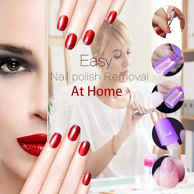 Nail Polish Remover Tools Kit - 500 Pcs Polish Remover Cotton Pads, 10 Pcs Purple Polish Remover Clips Caps, 1pc Nail Polish Remover Bottle, 1pc Cuticle Pusher, 1pc Nail Brush, 100/180 Grit Nail File and Rectangular Nail Buffer Block Tools