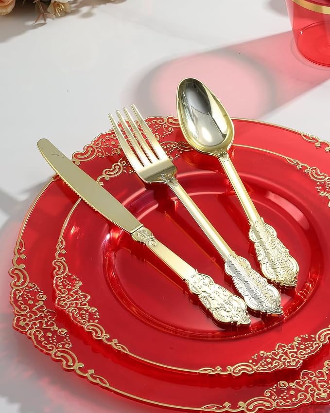 700 Piece Red Dinnerware Set for 100 Guests | Includes: 200 Gold Rim Plastic - Image 6