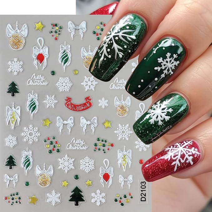 6Pcs Christmas Nail Stickers 5D Christmas Tree Snowball Nail Stickers for Nail Art Santa Claus DIY Self Adhesive Cute Bow Gingerbread Man Nail Decals Snowflake Nail Decoration Supplies for Women