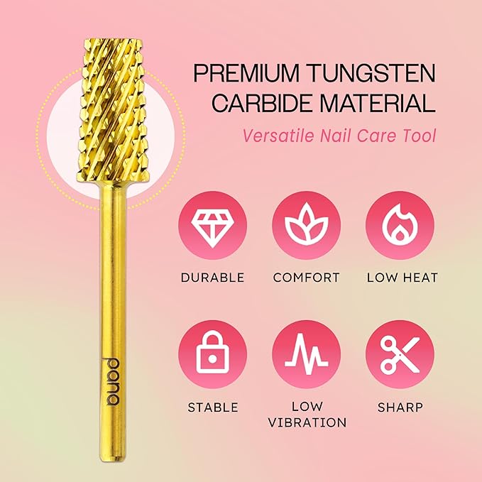 Premium Pana 3/32" Tapered Barrel Carbide Nail Bit -For Electric Dremel Drill Machine, Nail Art Design, Manicure, Pedicure, Nail File, Cuticle Clean etc. (Coarse Grit- Gold)