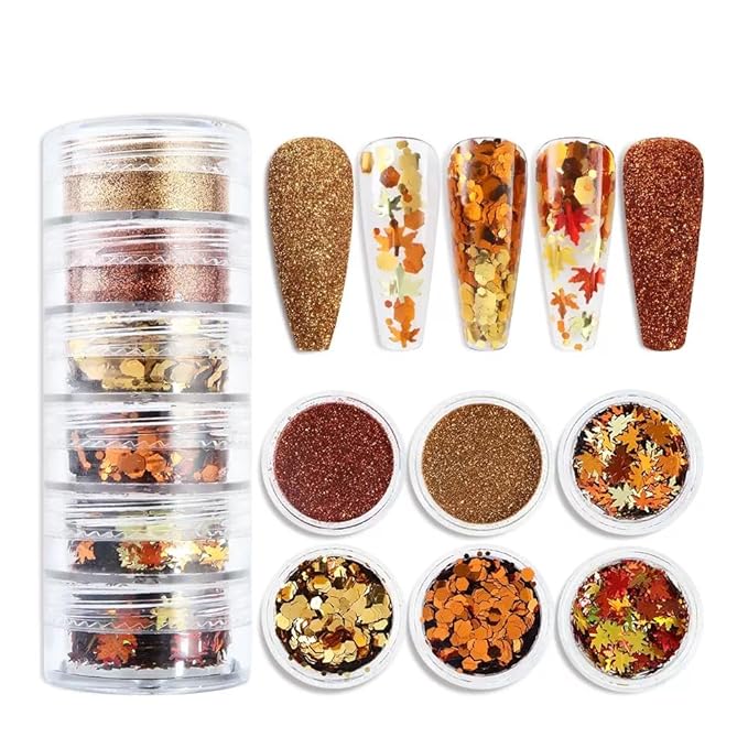 Fall Nail Art Glitters Sequins, 12 Boxes Maple Leaf Nail Art Decoration Flakes 3D Leaf Nail Decals Gold Orange Nails Art Designs Holographic Thanksgiving Day Glitters for Nails Decorations