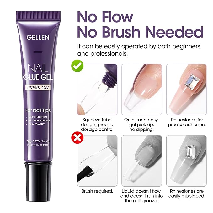 Gellen Semi Solid UV Nail Glue Gel for Press on Nail Tips Acrylic Nails and Press on Nails, Nail Bond Gel Nail X Glue for French TipNails