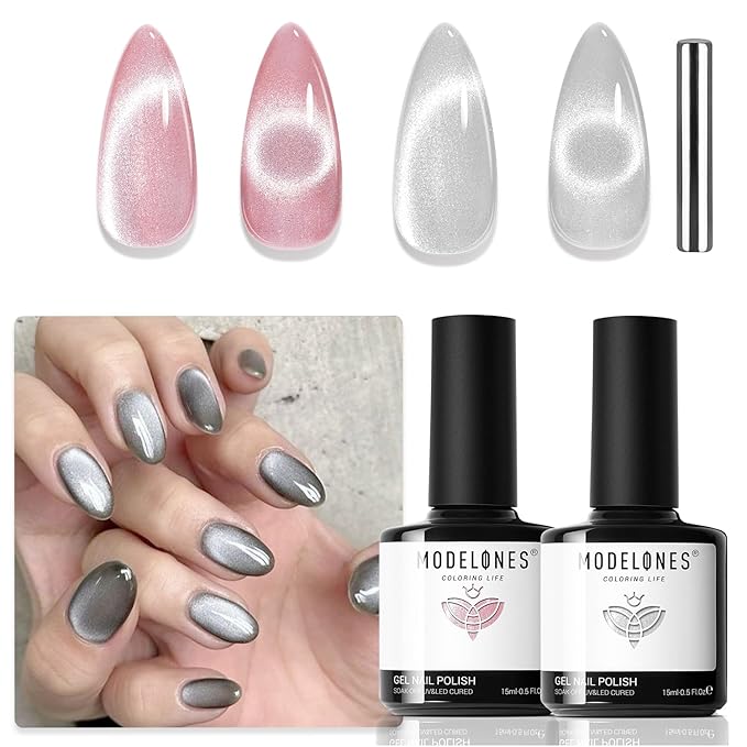 modelones Cat Eye Gel Nail Polish, 2 PCS 15ML Pink Sliver Holographic 9D Cat Eye Glitter Multichrome Silver Pink Shades Polish with Magnet Soak Off Led Nail Art Gel DIY Salon Gift