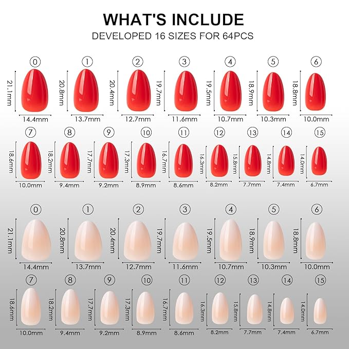 64PCS Bright Red & Vanilla Cream Press On Nails - Short Almond Fake Nails, with 2 Nail Glues, 2 Cuticle Sticks, 4 Prep Pads, 1 Nail File - Glossy Nails Kit for Daily Use