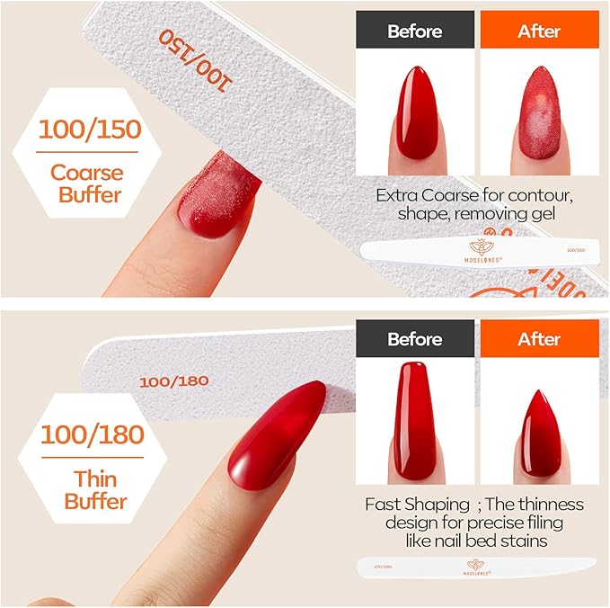 Modelones Nail Files and Nail Buffers Blocks 4 PCS, Double Side Trimed & Shaped Emery Board 100/150/180 Grits 600/3000 Nail Shine Polishing Stick, Reusable Washable Anti-bend Anti-drop Particles White