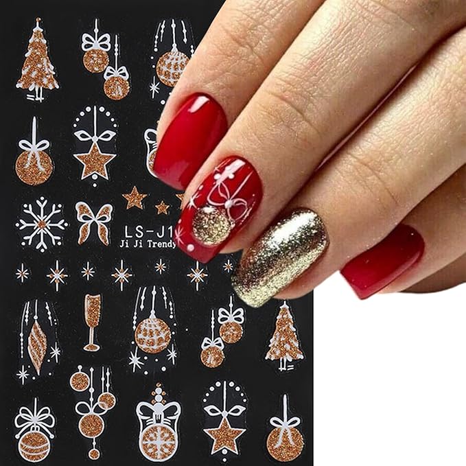 6 Sheets Glitter Christmas Nail Art Stickers 3D Self-Adhesive Snowflake Christmas Tree Nail Stickers Christmas Bell Ball Elk Nail Decals Acrylic Nail Supplies for Women Girls DIY Manicure Decoration