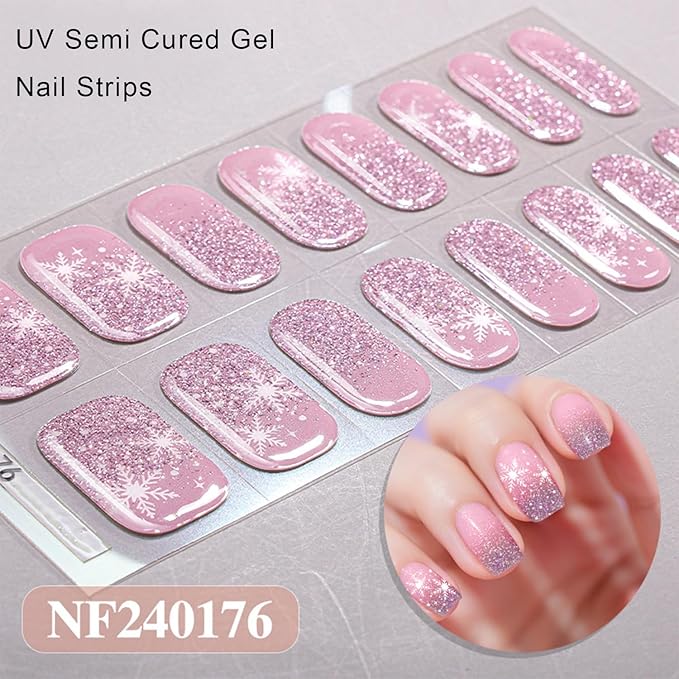 Christmas Semi Cured Gel Nail Strips, 16 Pcs Winter Xmas Gel Nail Stickers Snowflake Designs Glitter Wraps for UV/Led Manicure Lamp Nails Art Decorations