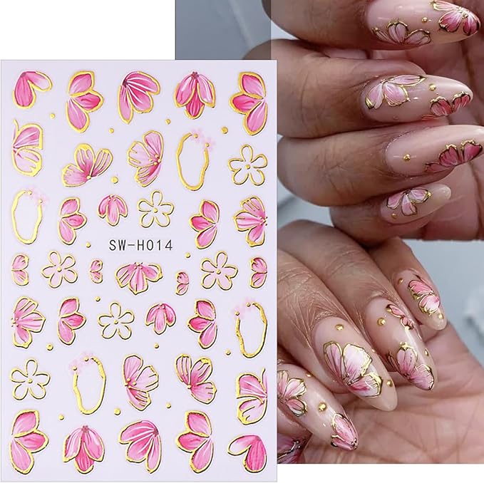 4 Sheets Pink Flower Nail Stickers, Gold Stamping Floral Nail Art Decals, 3D Self-Adhesive Nail Design Stickers for Women DIY Spring Season Purple Pink Flower Manicure Decoration Supplies