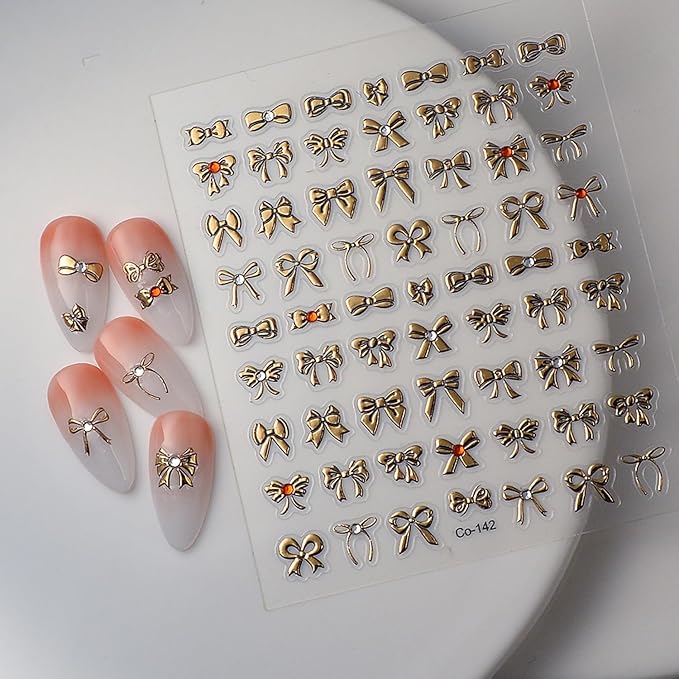 Metallic Bow Nail Art Stickers, 5D Embossed Nail Decals Gold Rhinestones Charm Design Ribbon Bows Nail Art Supplies Cute Stickers for Women DIY Manicure Decoration Accessories
