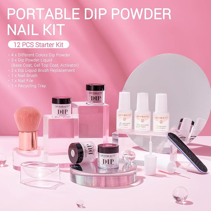 AZUREBEAUTY Dip Powder Nail Kit Starter, 4 Colors Pink Tones Dipping Powder Set, French Nail Art Base Top Coat Activator Liquid All Seasons Manicure DIY Salon 12 PCS