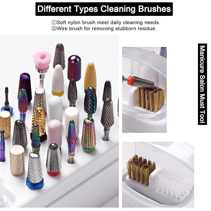 2 In 1 Nail Drill Bits Holder & Nail Drill Bits Cleaner Case,30 Holes Dustproof Nail Art Drill Bits Stand for Nails Display Organizer Container Manicure Tools (Not Include Nail Drill Bits) White