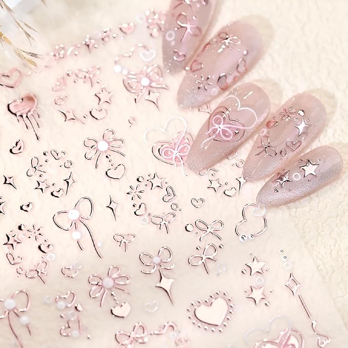 Pink Heart Nail Art Stickers Decals 5D Embossed Star Nail Stickers for Nail Art Pink Bow Nail Decals Valentine Nail Design Cute Nails Supplies for Women