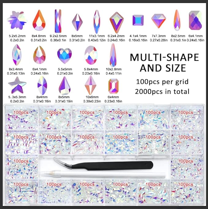 Nibiru 2000Pcs AB Multi Shapes Rhinestones Glass Gems Kit for Nail Art Jewels Decoration,Shiny Flatback Mix Size with Wax Pen