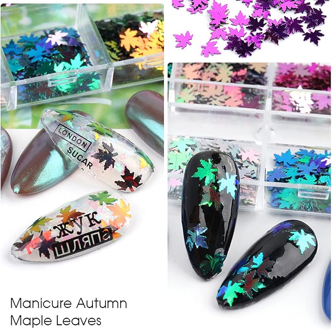 12 Colors Fall Nail Art Stickers Maple Leaf Nail Glitter Sequins 3D Nail Art Accessories Autumn Leaf Shape Flakes Holographic Gold Red Maple Leaves Paillettes Designs Acrylic Nails Supply Kit