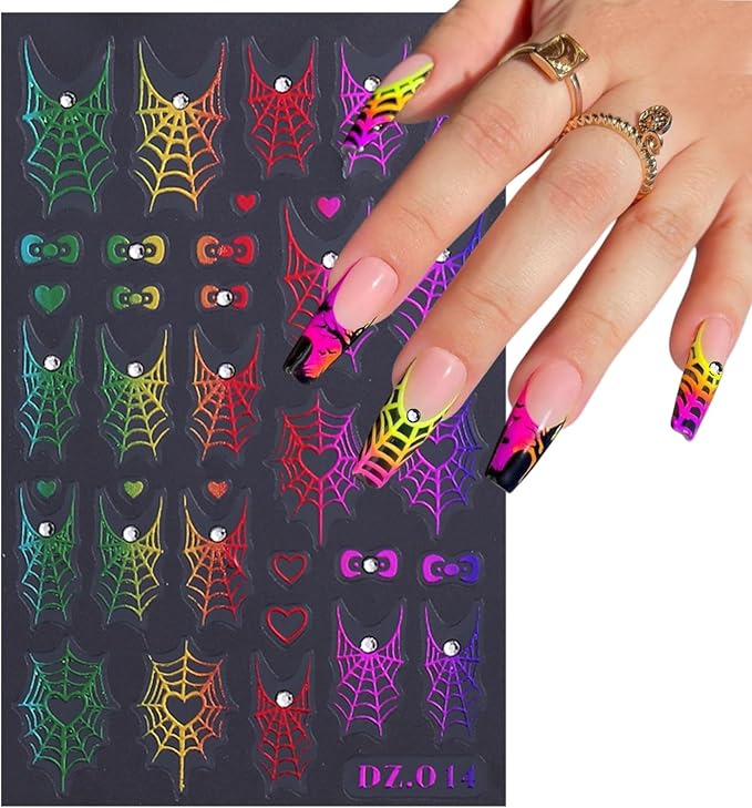 5 Sheets 5D Embossed Halloween Nail Art Stickers Self-Adhesive French Tip Spider Web Nail Decals Laser Gold Silver Black Rhinestones Spider Nail Designs Stickers Holiday Nails Decoration for Women DIY