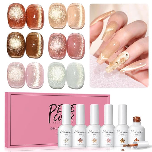 PEACECOLOR Brown Cat Eye Gel Nail Polish Set, 6pcs10ML Brown Red Milky Pink Nude Fall Jelly Gel Manicure Kit Nail Art DIY at Home All Seasons (1)