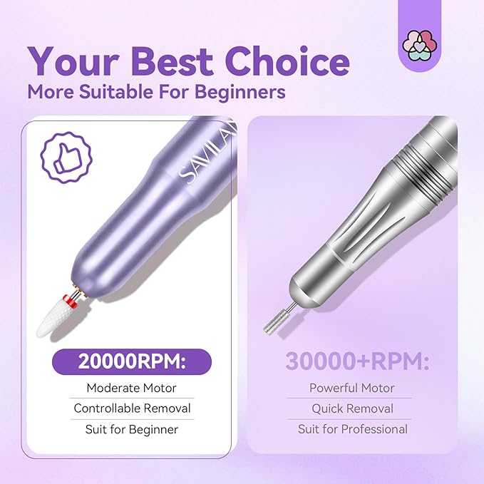 SAVILAND Portable Electric Nail Drill: Nail Drill Kit 20000RPM Purple Cuticle Bit Nail File 51 Sanding Bands Beginners at Home Manicure Pedicure