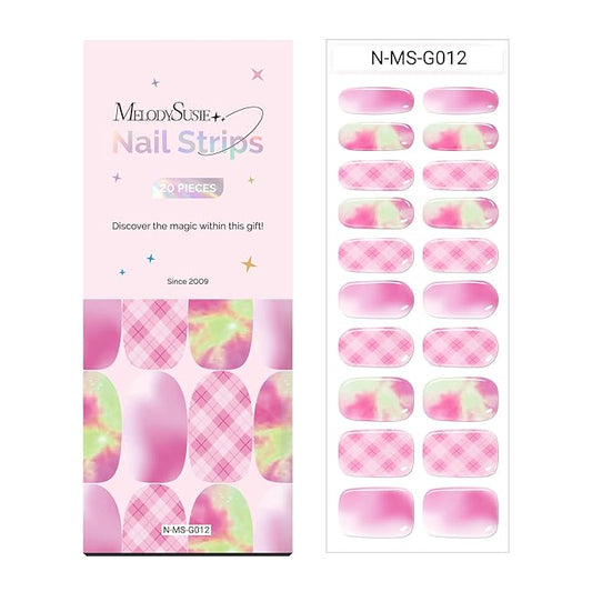 MelodySusie Semi Cured Gel Nail Strips, 20 PCS Gel Nail Stickers, Gel Nail Wraps, UV Light Required, Durable and Salon Quality (Pink Aurora)