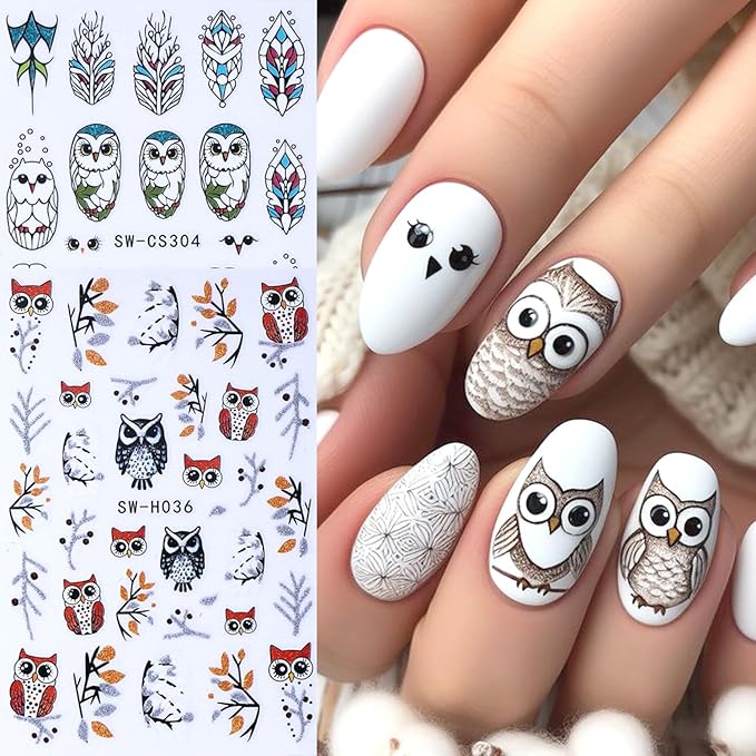 2Sheets Cute Owl Nail Art Stickers 3D Christmas Nail Decals for Acrylic Nails Self-Adhesive Leaves Branches Nail Sticker with Gold Silver Glitter Designs Nail Decal for Women Manicure Decor Supplies