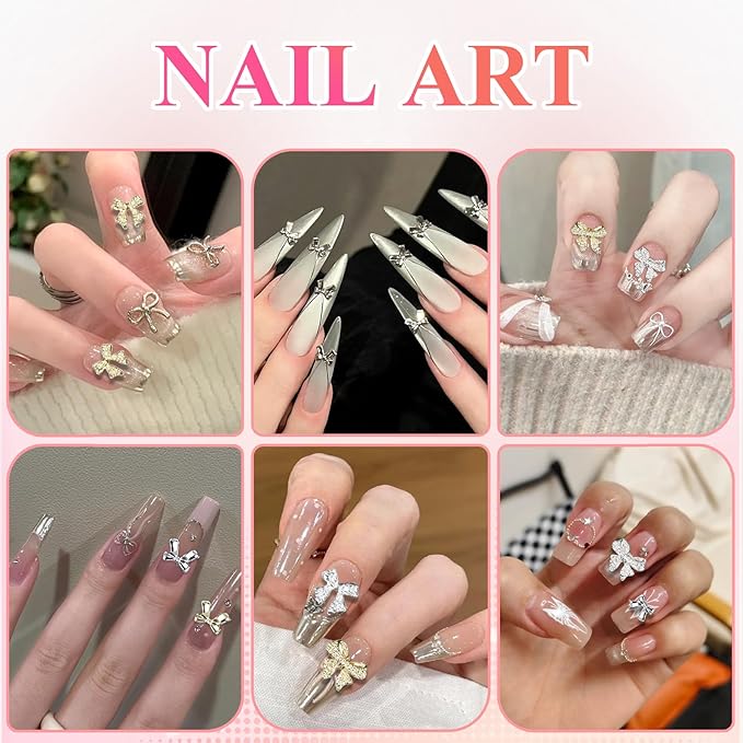 3D Metal Bowknot & AB Pearl and Mini Beads Nail Art Kit - Gold/Silver Alloy Bowknot, 1-2mm Stainless Steel Caviar Beads, 3mm Half Pearls for Professional Salon & DIY Manicure Jewelry Designs (Set 1)