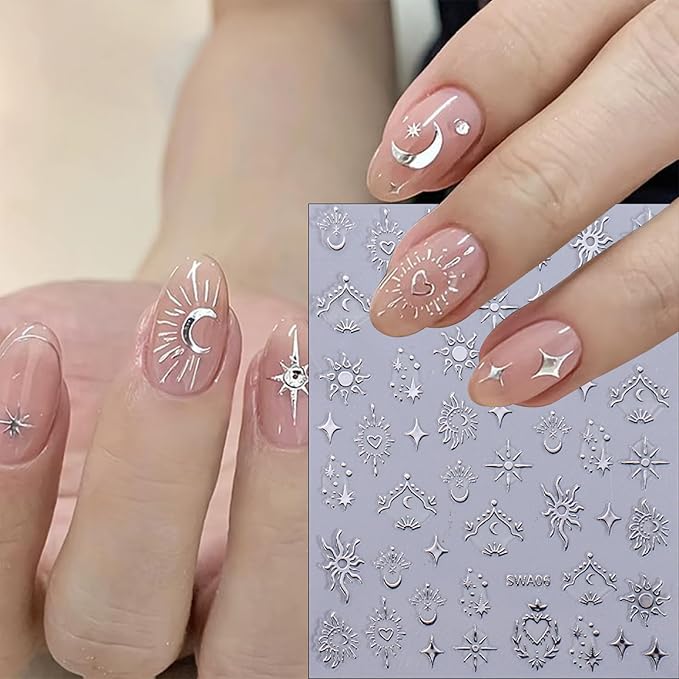 8 Sheets Gold and Silver Heart Shape Nail Art Stickers 3D Moon Sun Star Nail Stickers Self-Adhesive Retro Gold and Silver Clouds Little Stars Design Women DIY Nail Manicure Decoration