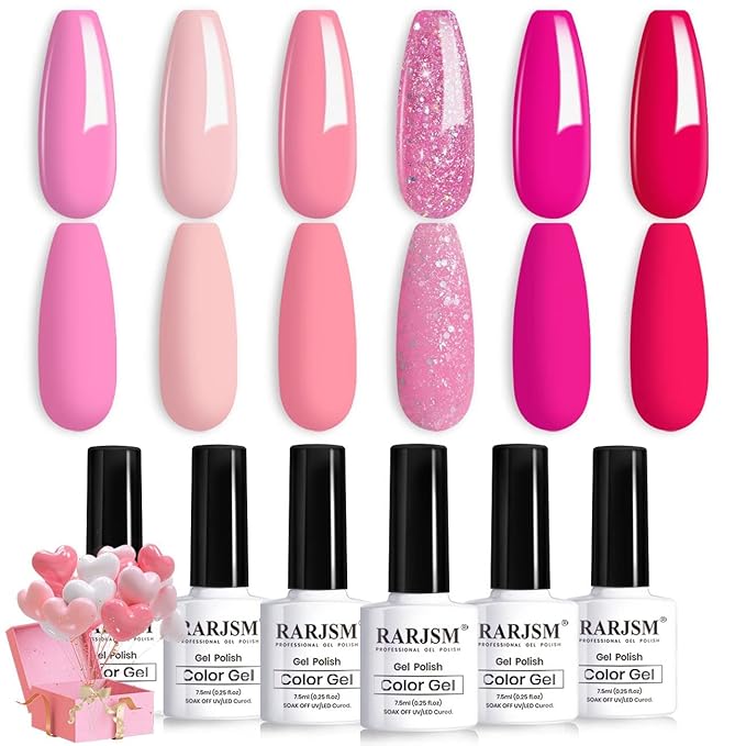 RARJSM Pink Gel Nail Polish Set 6 Pcs Pale Light Pink Neon Hot Pink Rose Glitter Fuchsia Sweet Cherry Colors Gel Polish Soak off 7.5ml UV LED Cured for Summer Home Salon Spring Nails