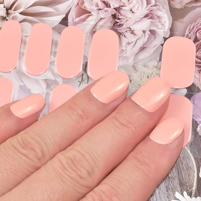 Semi Cured Gel Nail Strips (Light Pink)-22 PCS Wine Red Nail Stickers | Works with Light | Manicure Wraps, Salon Quality & Easy to Use